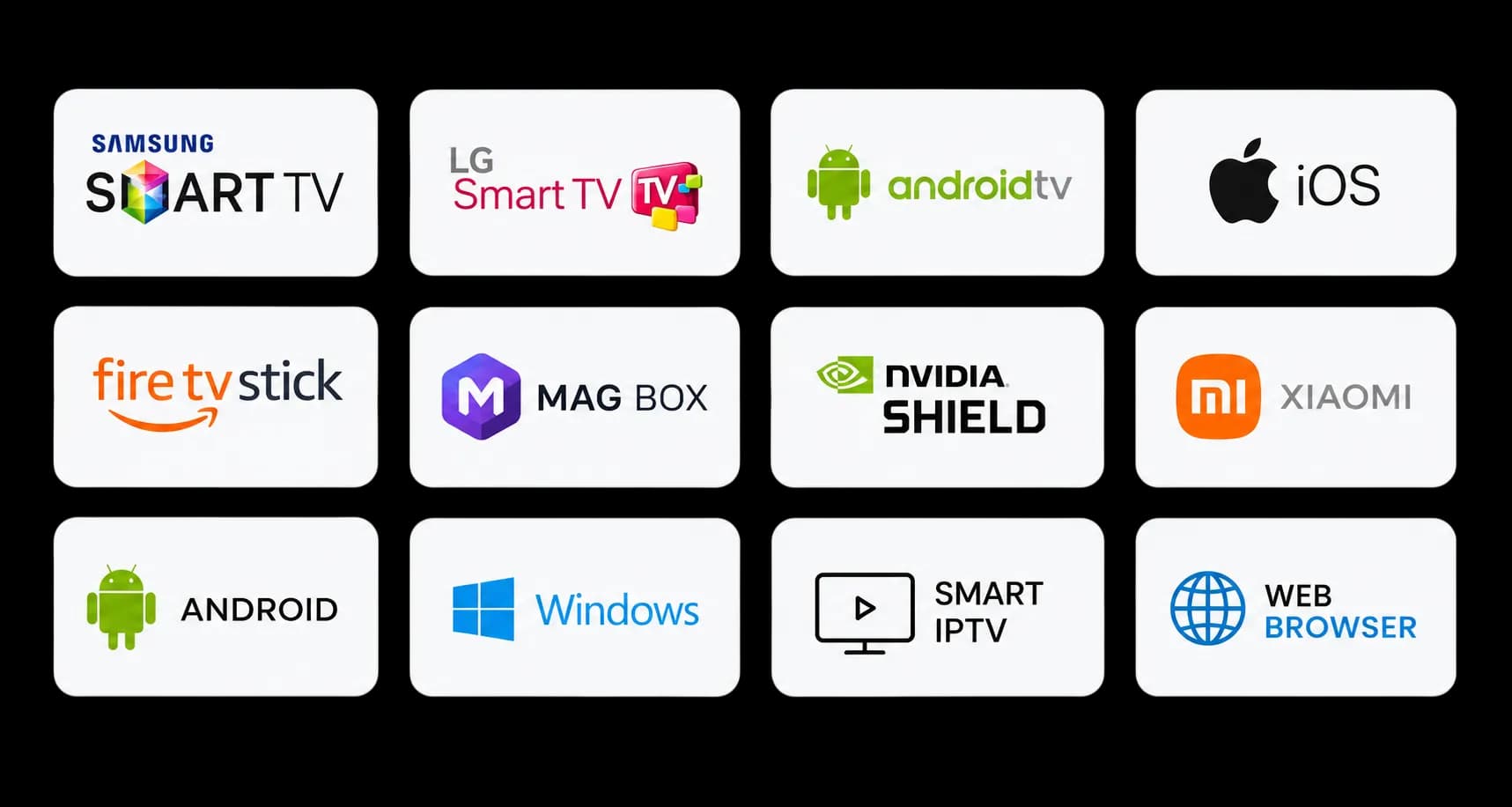Devices compatible with IPTV UK: Samsung Smart TV, LG Smart TV, Android TV, iOS, Fire TV Stick, MAG Box, NVIDIA Shield, Xiaomi, Android, Windows, Smart IPTV and web browser
