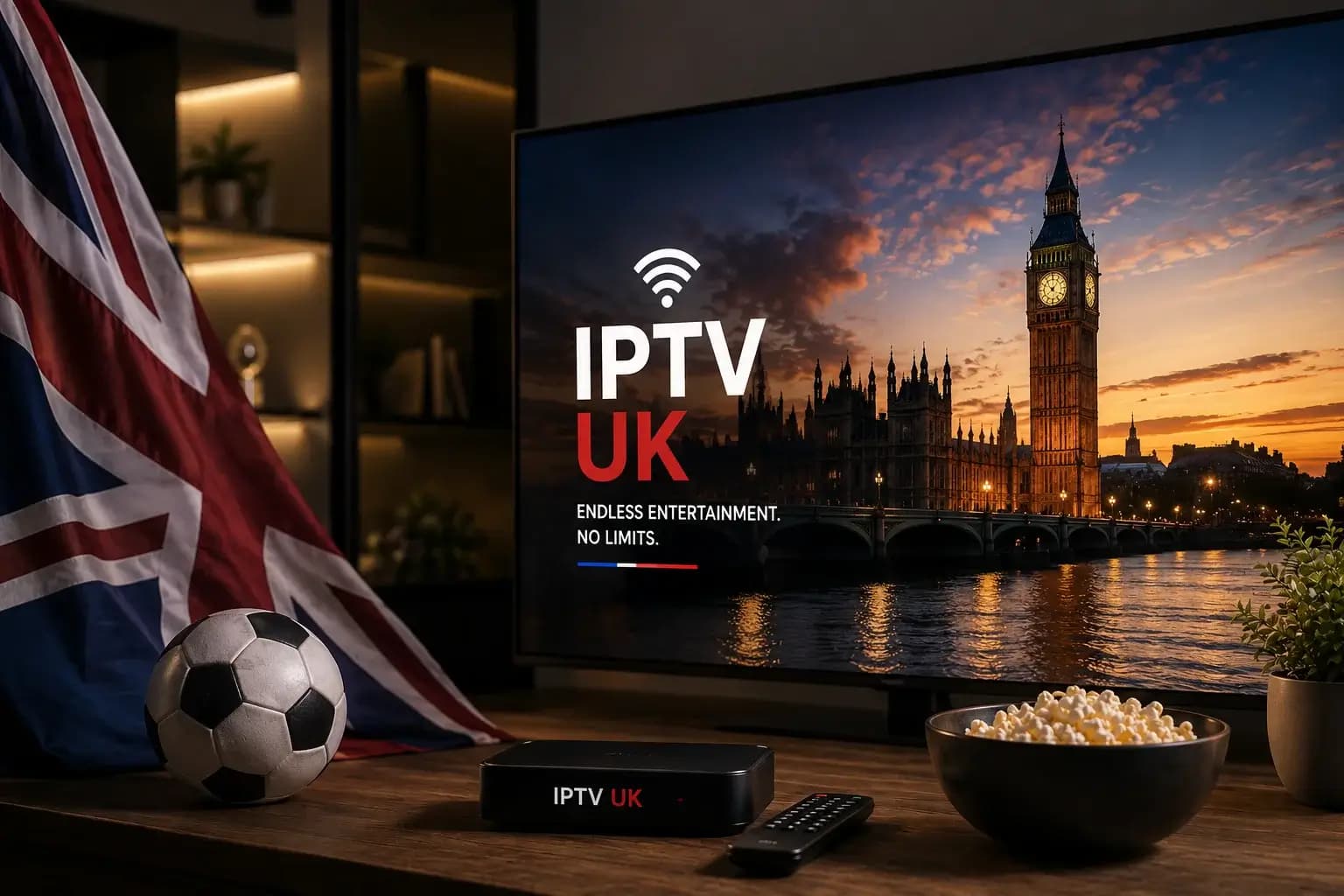 IPTV UK premium 4K streaming on a Smart TV with an IPTV box, remote and popcorn in a UK living room