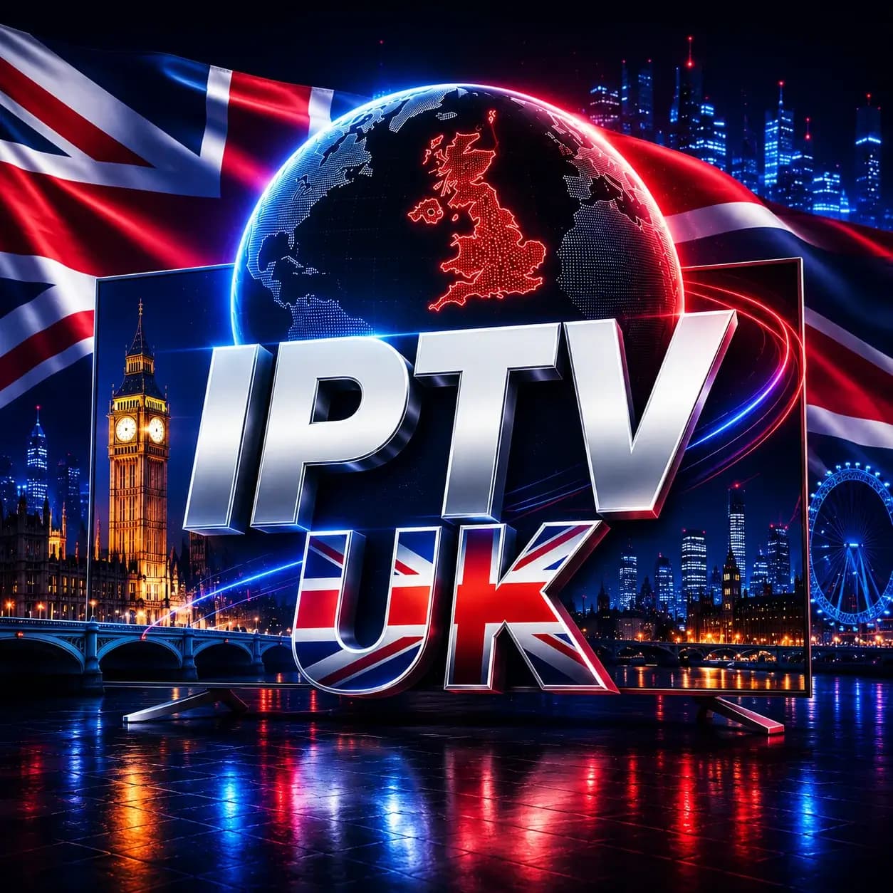 IPTV UK premium streaming: UK live TV channels over the internet, with Big Ben and the London skyline